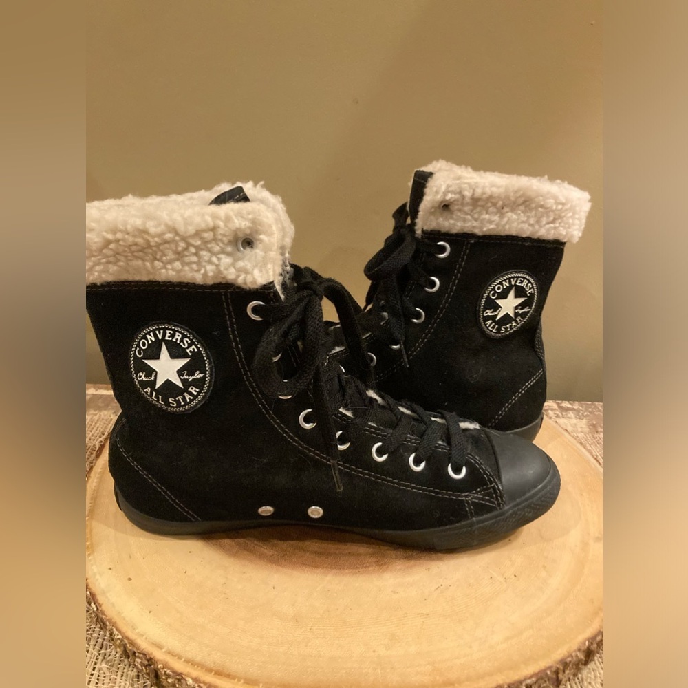 Converse All Star Vintage Black Leather Suede Sherpa Ankle Boots Lace Up Sz 7